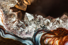 Quartz Geode Macro Detail Texture Background. Close-up Raw Rough Unpolished Druse Semi-precious Gemstone
