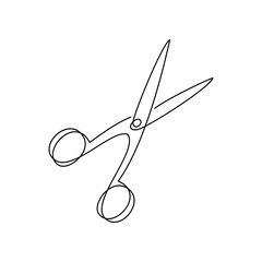 Poster - Scissors one line continuous drawing vector illustration. Hand drawn linear silhouette icon. Minimal design element for print, banner, card, wall art poster, brochure.