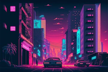 Synthwave Neon car driving with highrises and setting sun, purple, cyan and red background, beautiful