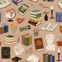 Books Seamless Pattern. Vintage Cozy Elements, Printed Publications, Volumes Of Literature, Retro Library Flying Objects. Decor Textile, Wrapping Paper, Wallpaper. Tidy Vector Background