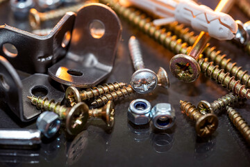 image of sets of plastic dowels shiny metal self-tapping screws in  pile on  table background.