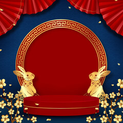 Wall Mural - stage podium for product presentation display with oriental style decoration in blue background for 