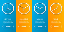 Realistic Detailed 3d Clock Different Time Zone Banner Vertical Include Of New York And Hong Kong. Vector Illustration