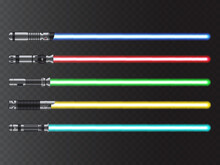 Light Swords. Glow Sabers Set. Futuristic And Sci Fi Weapon, Future Knight Or Warrior Isolated Laser Sword, 3d Realistic Vector Fantasy Lightsaber With Glowing Blue, Red, Green And Yellow Light Blades