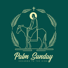 palm sunday - yellow modern line jesus riding donkey entering jerusalem with palm leaves circle arou