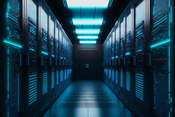 Dark servers data center room with computers and storage systems and blue glowing elements. Generative AI Imagery