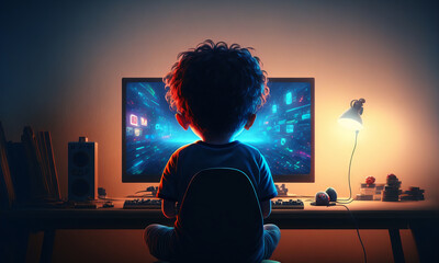 Kid playing video games in his room. Back view of a child sitting in front of a monitor. Colorful lights and cartoon style. Generative ai