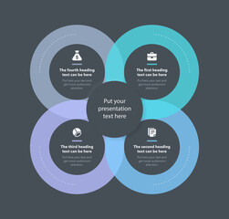 Poster - Simple business process template with four stages - dark version. Flat infographic design.