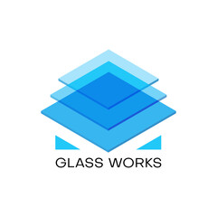 Wall Mural - Glass works icon, window production technology company vector emblem. House building, architecture or construction and interior design service icon of crystal, blue glass in square layers