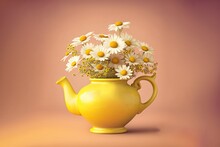Bouquet Of Fresh Chamomile In Old Yellow Tea Pot On Yellow Background Generative AI