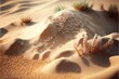a desert with a small patch of grass growing out of the sand and a few small plants growing out of the sand., generative ai
