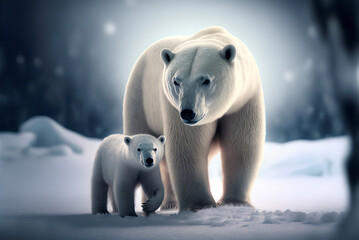 Wall Mural - illustration of mother and baby polar bear, family in the snow in winter (generative ai)