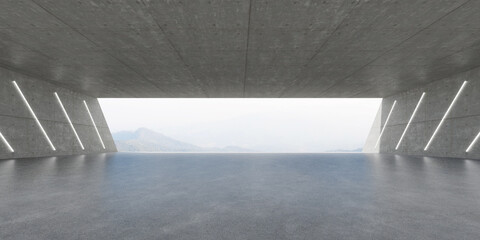 Fototapete - 3d render of empty concrete room on mountain background.