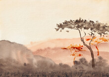 African Savannah At Sunrise. Watercolor Drawing. Landscape Illustration.