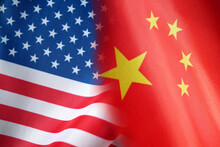 China And United States Flags, Red With Yellow Stars Chinese Flag And Half Usa United States Of America Flag, Concept