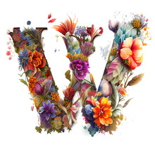 Colorful Alphabet Capital Letter W Made With Flowers. Ink Painting. Generative Art
