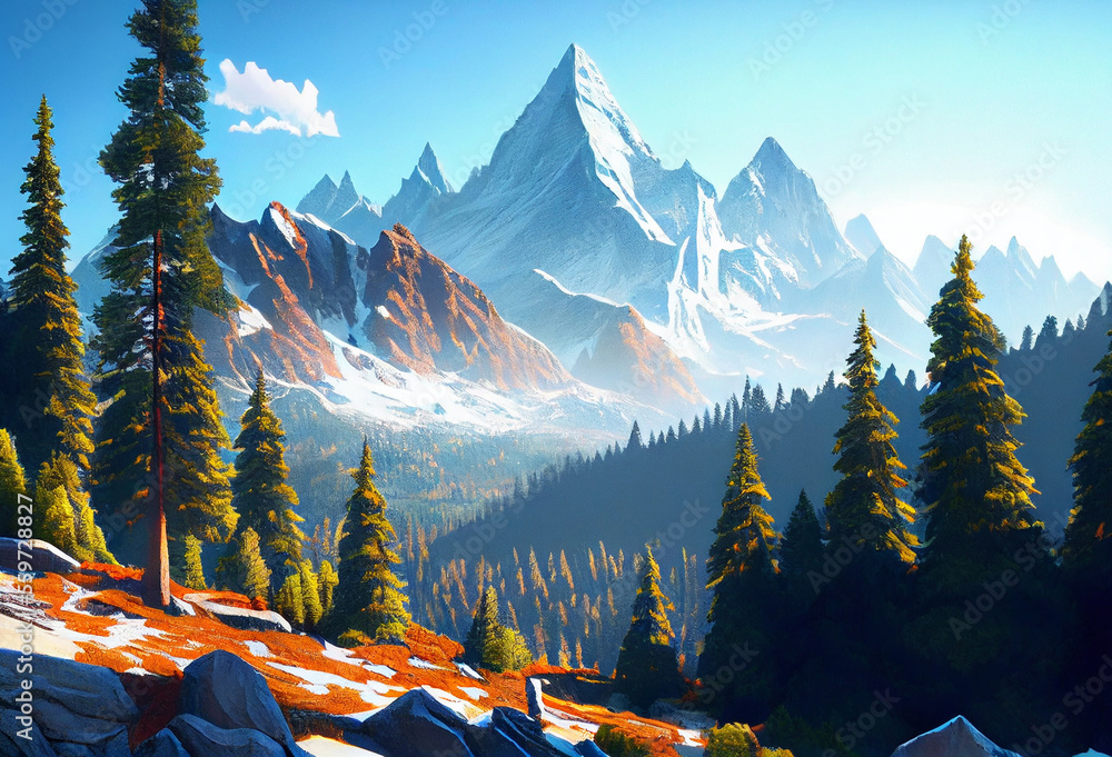 Fantastic mountain peaks with snow on top. Picturesque landscape