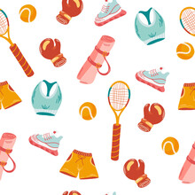 Sports Items Seamless Pattern. Sportswear, Sneakers, Tank Top, Shorts, Tennis Racket, Hall, Boxing Gloves. Repeatable Background Is Ideal For Printing Scrapbooking Textiles And Fitness. Vector
