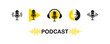 © mi-vector - Podcast radio icon set . Podcast channel or radio logo design using microphone. Voice vector icon, record. Studio table microphone with broadcast text podcast