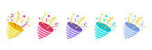 Exploding Party Poppers Set With Confetti. Party Popper Emoji Icon. The Element Of Celebrating Any Holiday. Party Popper Icon. Isolated On White. Vector Illustration