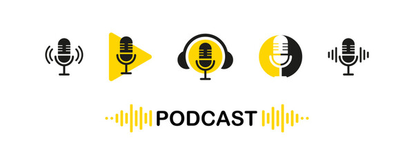 Podcast radio icon set . Podcast channel or radio logo design using microphone. Voice vector icon, record. Studio table microphone with broadcast text podcast