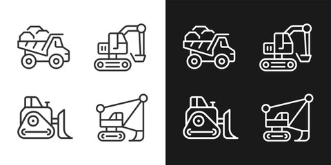 Sticker - Mining vehicles pixel perfect linear icons set for dark, light mode. Heavy equipment. Coal mining industry. Excavator. Thin line symbols for night, day theme. Isolated illustrations. Editable stroke