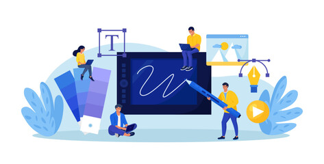 Graphic designers creating artwork using digital pen and tablet. Digital artist working on web page design. Advert designer or illustrator drawing picture on device screen. Professional software