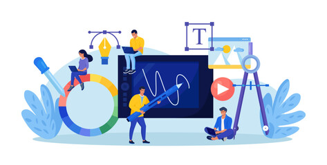 Graphic designers creating artwork using digital pen and tablet. Digital artist working on web page design. Advert designer or illustrator drawing picture on device screen. Professional software