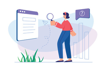 Wall Mural - Searching opportunities concept with people scene. Woman with magnifier looks for best career offers and sends her resume online. Illustration with character in flat design for web banner