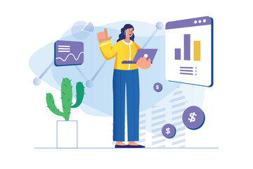 Wall Mural - sales performance concept with people scene. woman analyzes data chart, makes financial accounting a