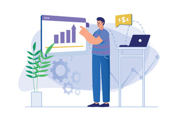Wall Mural - sales performance concept with people scene. man consultant analyzes chart, makes accounting and fix