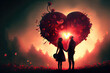 Leinwandbild Motiv Couple in love holding hands in front of red heart on Valentine's Day (Generative AI)