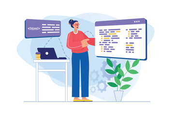 programmer working concept with people scene. woman programming at html and fixing bugs of code, pro