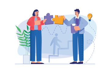 Wall Mural - Teamwork concept with people scene. Man and woman solving puzzles, collaborating in office, brainstorming and productive partnership. Illustration with character in flat design for web banner