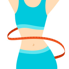 Illustration of slim woman with measure tape. Sports girl in fitness clothes.