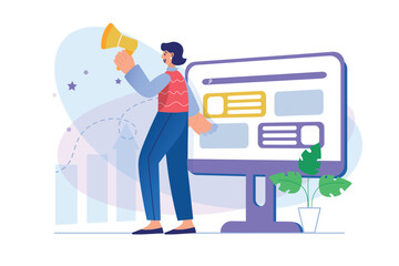 Wall Mural - Digital marketing concept with people scene. Woman develops strategy for promoting in social networks and analyzes statistics. Illustration with character in flat design for web banner