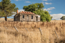 Old Farmhouse In Dry Paddock Of Long Grass