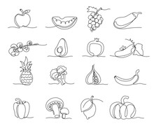 One Line Vegetables And Fruits. Hand Drawn Groceries, Healthy And Natural Vegan Food Continuous Line Vector Illustration Set