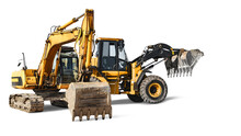 Excavator And Bulldozer Loader Close-up On A White Isolated Background.Construction Equipment For Earthworks. Element For Design.