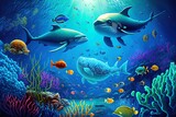 Fototapeta Fototapety do akwarium - a sea-themed backdrop including underwater scenes Oceanic life, fish, and coral reefs in vivid color. Generative AI