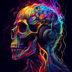 Colorful scull in headphones. Generative AI.