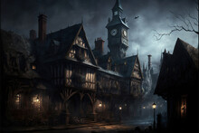 Haunted Halloween Gothic Dark Castle In The Night, Generative Ai