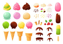 Create Your Own Ice Cream. Sundae Constructor With Different Flavours, Waffle Cone, Chocolate Topping, Sprinkles And Berries Vector Set