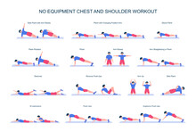 No Equipment Chest And Shoulders Workout Set. Male Character Doing Exercises