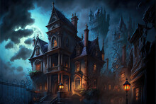 Haunted Halloween Gothic Dark Castle In The Night, Generative Ai