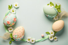Easter Eggs And Flowers And Decoration On Pastel Color Background, Generative Ai