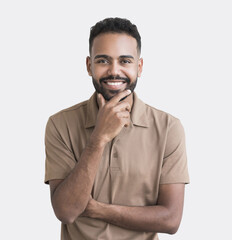 Wall Mural - Portrait of handsome smiling young man isolated on white background, Laughing joyful cheerful men studio shot