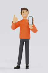 Wall Mural - Cartoon character man in orange t-shirt show smartphone, thump up, app recommendation presentation, 3D rendering.