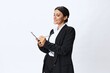 © SHOTPRIME STUDIO - Business woman folder with documents in black business suit shows signals gestures and emotions on white background, freelancer job online time management