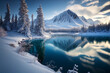 Leinwandbild Motiv Winter Wonderland in Alaska with Snow on the Mountains and a mirroring Lake